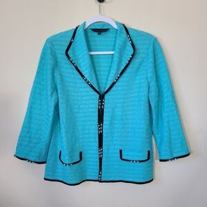 MING WANG Turquoise Black Trim Beaded Detail Open Front Collared Blazer Womens L